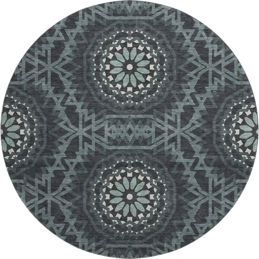8' Charcoal And Ivory Geometric Washable Round Rug With UV Protection Photo 1