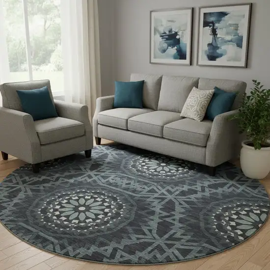 8' Charcoal And Ivory Geometric Washable Round Rug With UV Protection Photo 1
