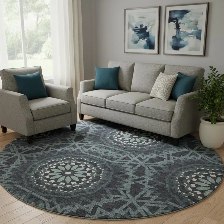 8' Charcoal And Ivory Geometric Washable Round Rug With UV Protection Photo 1