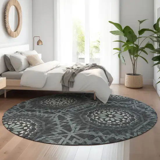 8' Charcoal And Ivory Geometric Washable Round Rug With UV Protection Photo 4