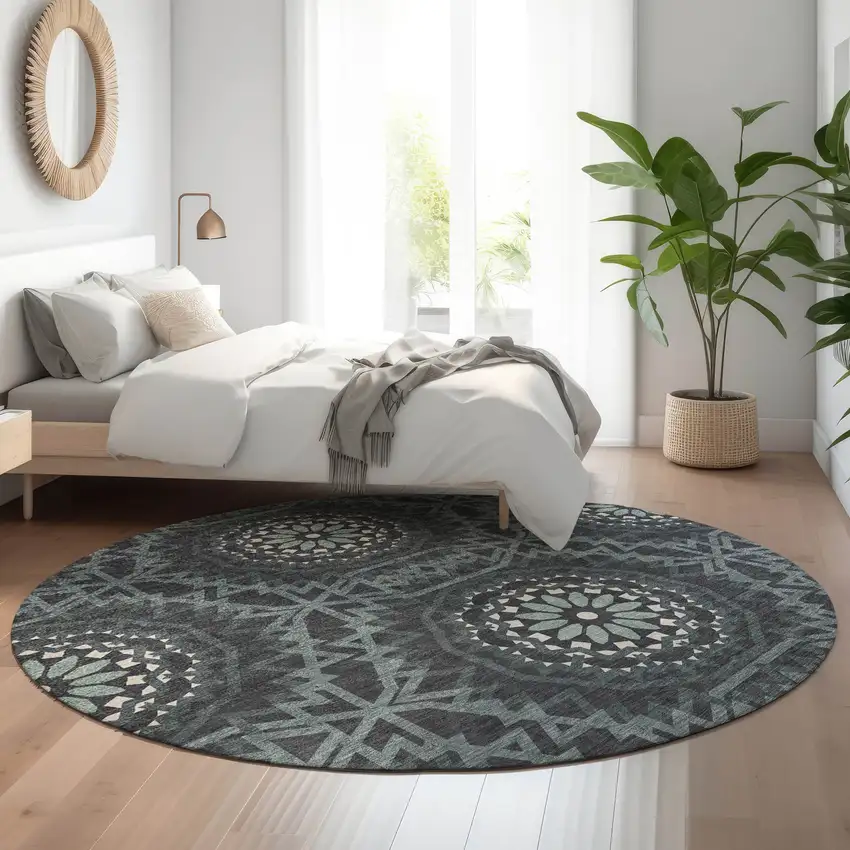 8' Charcoal And Ivory Geometric Washable Round Rug With UV Protection Photo 4