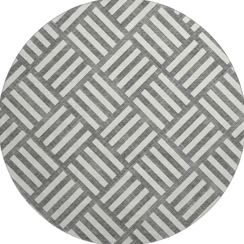 8' Charcoal And Ivory Geometric Washable Round Rug With UV Protection Photo 4