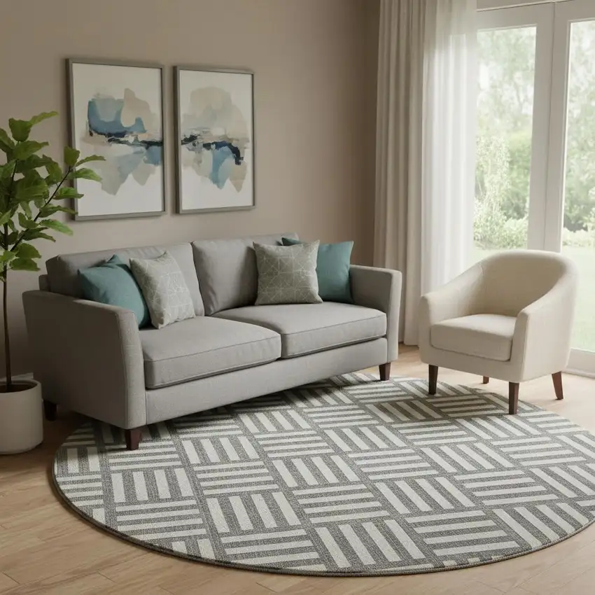 8' Charcoal And Ivory Geometric Washable Round Rug With UV Protection Photo 1