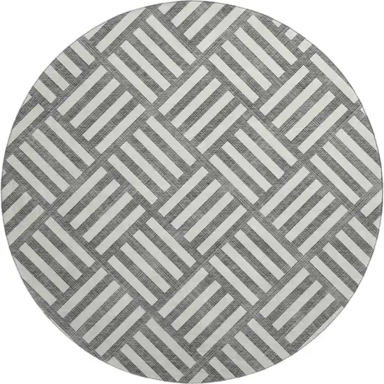 8' Charcoal And Ivory Geometric Washable Round Rug With UV Protection Photo 1