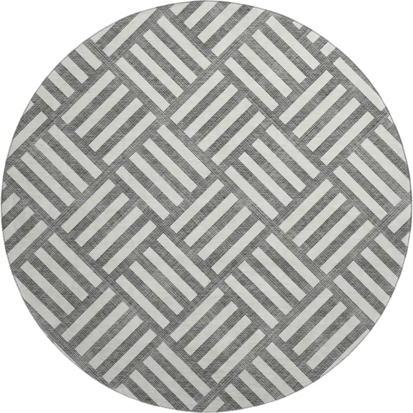 8' Charcoal And Ivory Geometric Washable Round Rug With UV Protection Photo 1