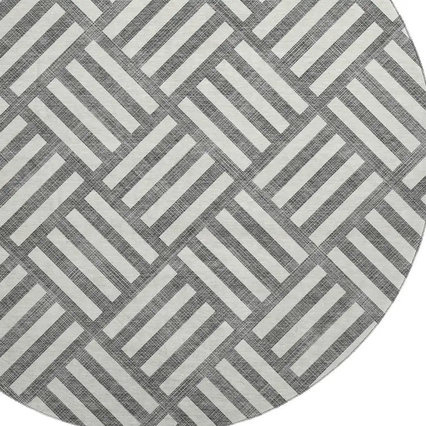 8' Charcoal And Ivory Geometric Washable Round Rug With UV Protection Photo 3