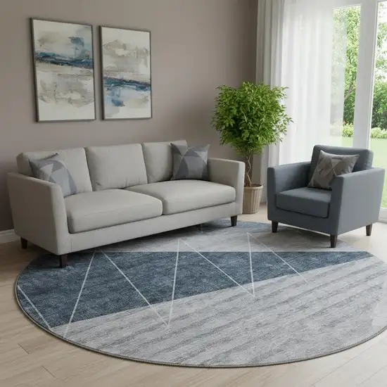 8' Charcoal And Ivory Geometric Washable Round Rug With UV Protection Photo 1