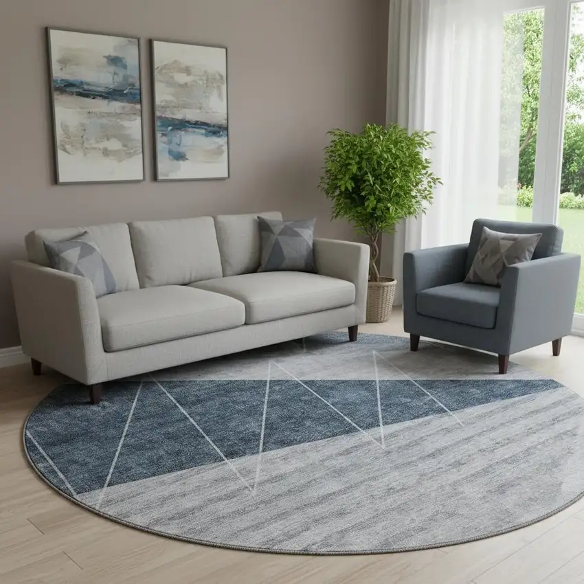 8' Charcoal And Ivory Geometric Washable Round Rug With UV Protection Photo 1