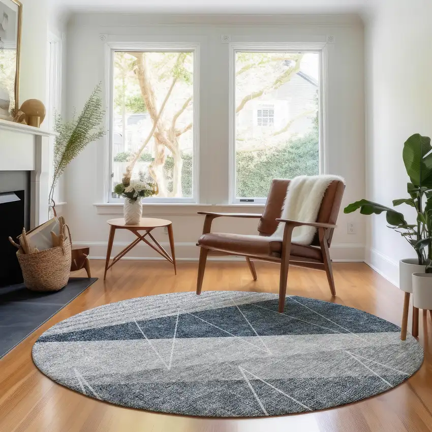 8' Charcoal And Ivory Geometric Washable Round Rug With UV Protection Photo 4