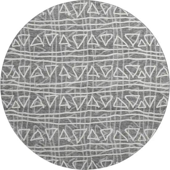 8' Charcoal And Ivory Geometric Washable Round Rug With UV Protection Photo 1