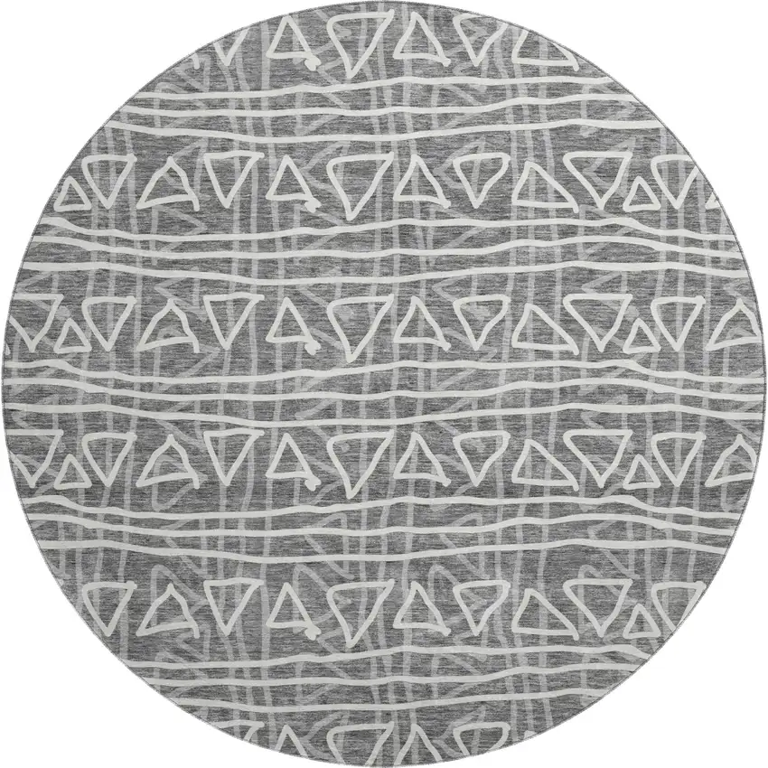 8' Charcoal And Ivory Geometric Washable Round Rug With UV Protection Photo 1