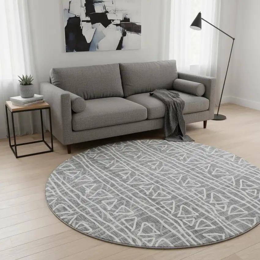 8' Charcoal And Ivory Geometric Washable Round Rug With UV Protection Photo 2