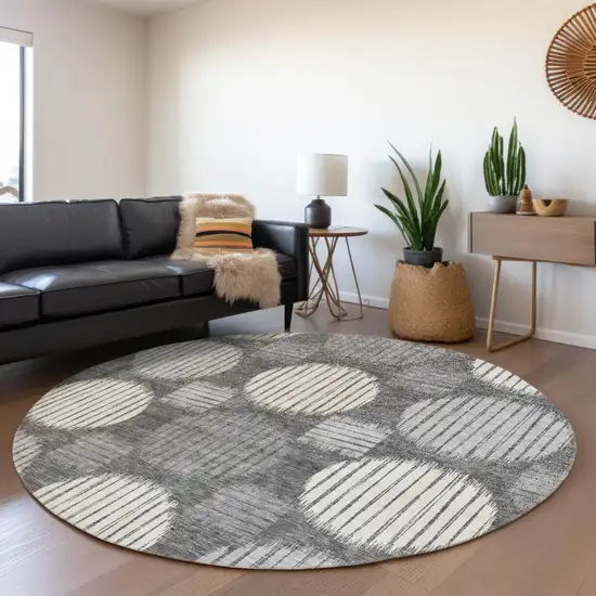 8' Charcoal And Ivory Geometric Washable Round Rug With UV Protection Photo 5