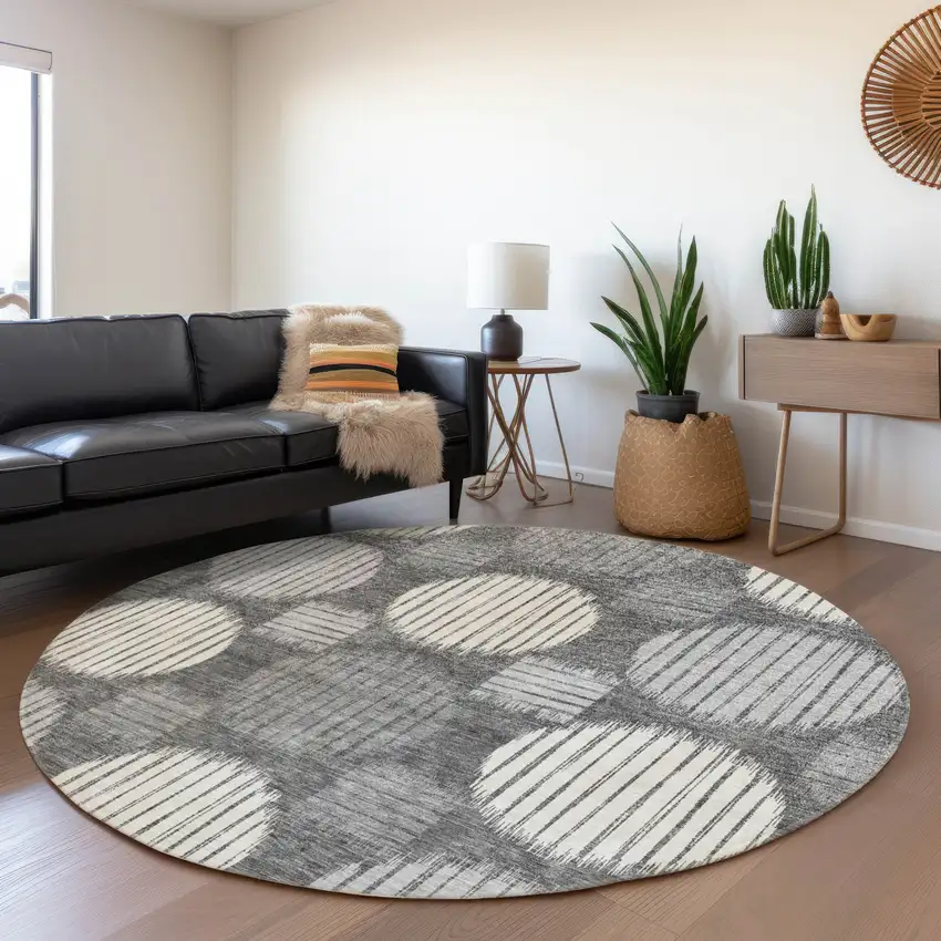 8' Charcoal And Ivory Geometric Washable Round Rug With UV Protection Photo 5