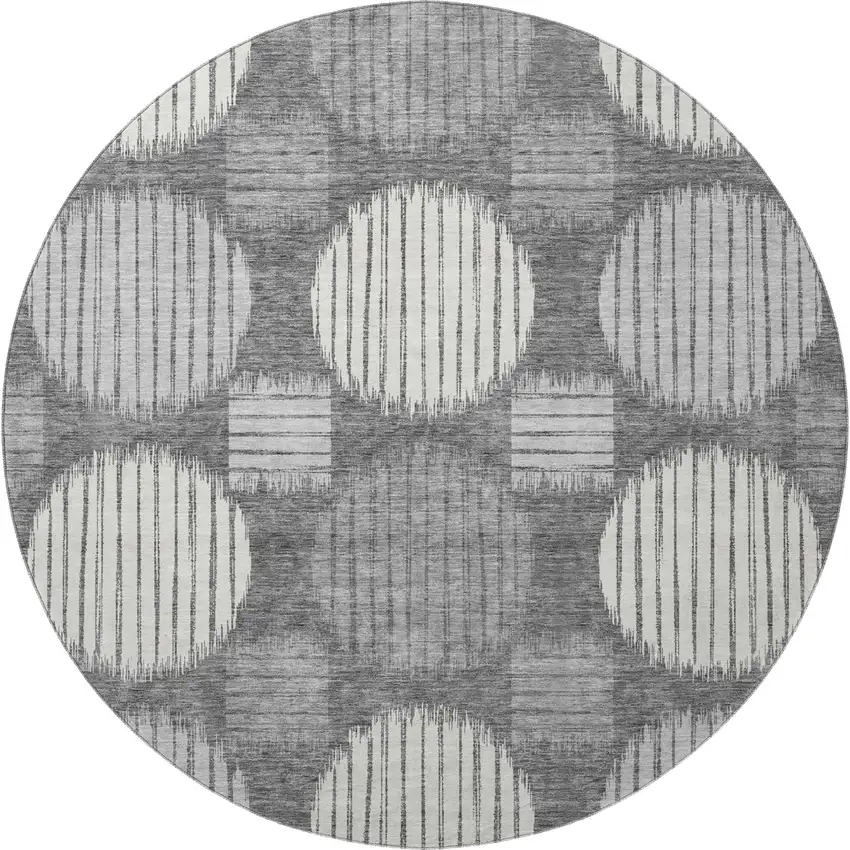 8' Charcoal And Ivory Geometric Washable Round Rug With UV Protection Photo 4