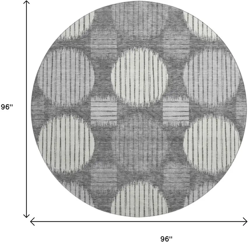 8' Charcoal And Ivory Geometric Washable Round Rug With UV Protection Photo 8