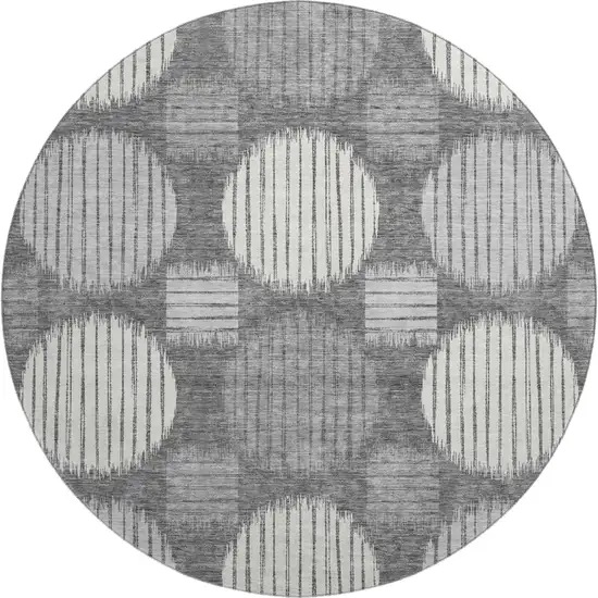 8' Charcoal And Ivory Geometric Washable Round Rug With UV Protection Photo 1