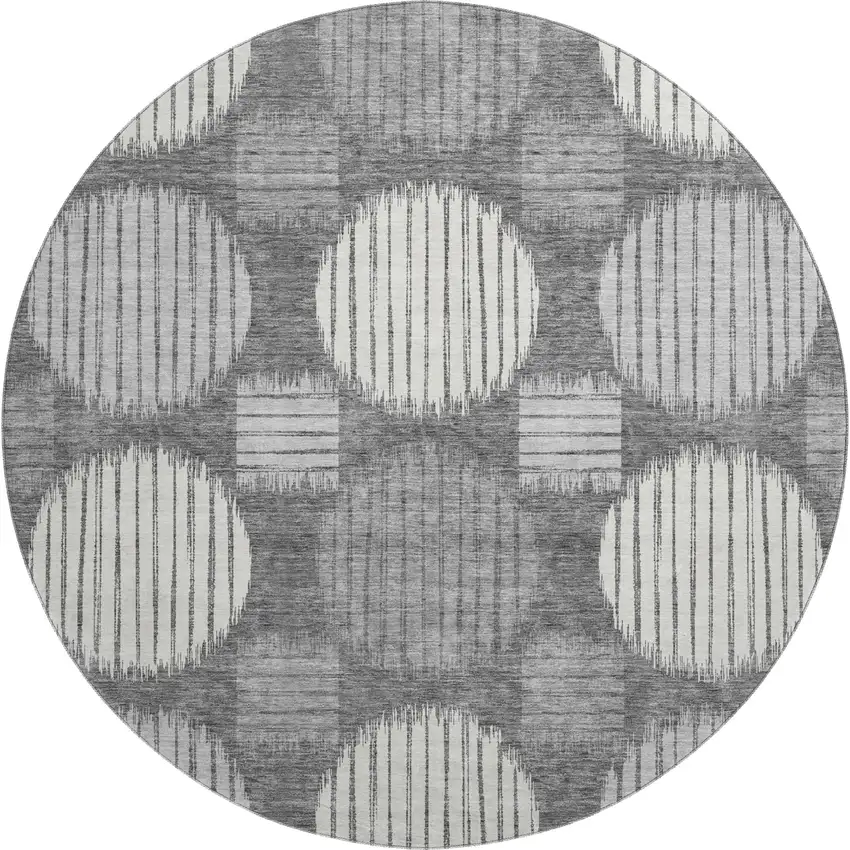 8' Charcoal And Ivory Geometric Washable Round Rug With UV Protection Photo 1