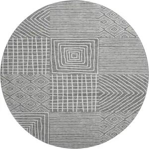 Photo of 8' Charcoal And Ivory Geometric Washable Round Rug With UV Protection