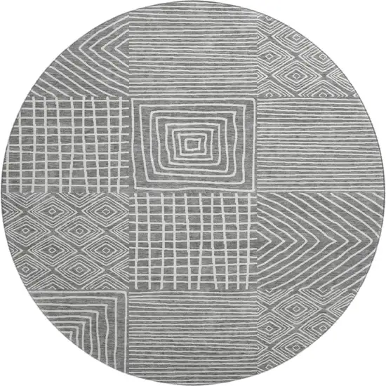 8' Charcoal And Ivory Geometric Washable Round Rug With UV Protection Photo 1