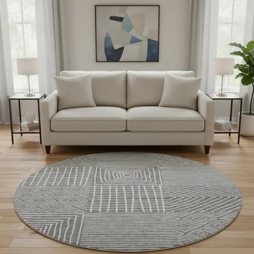 8' Charcoal And Ivory Geometric Washable Round Rug With UV Protection Photo 2