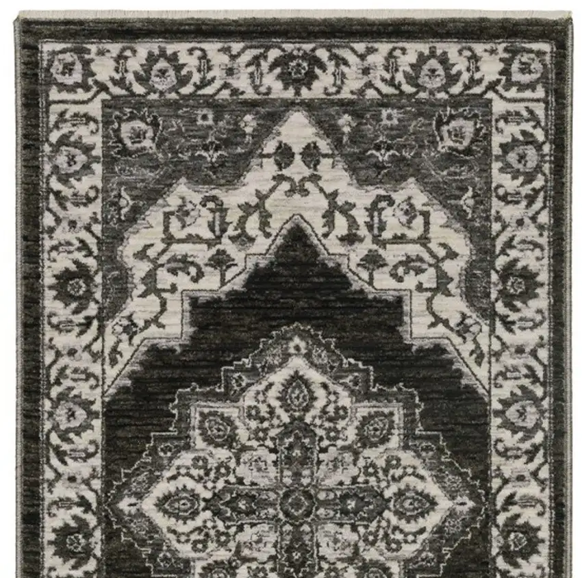 8' Charcoal And Ivory Medallion Runner Rug With Fringe Photo 4