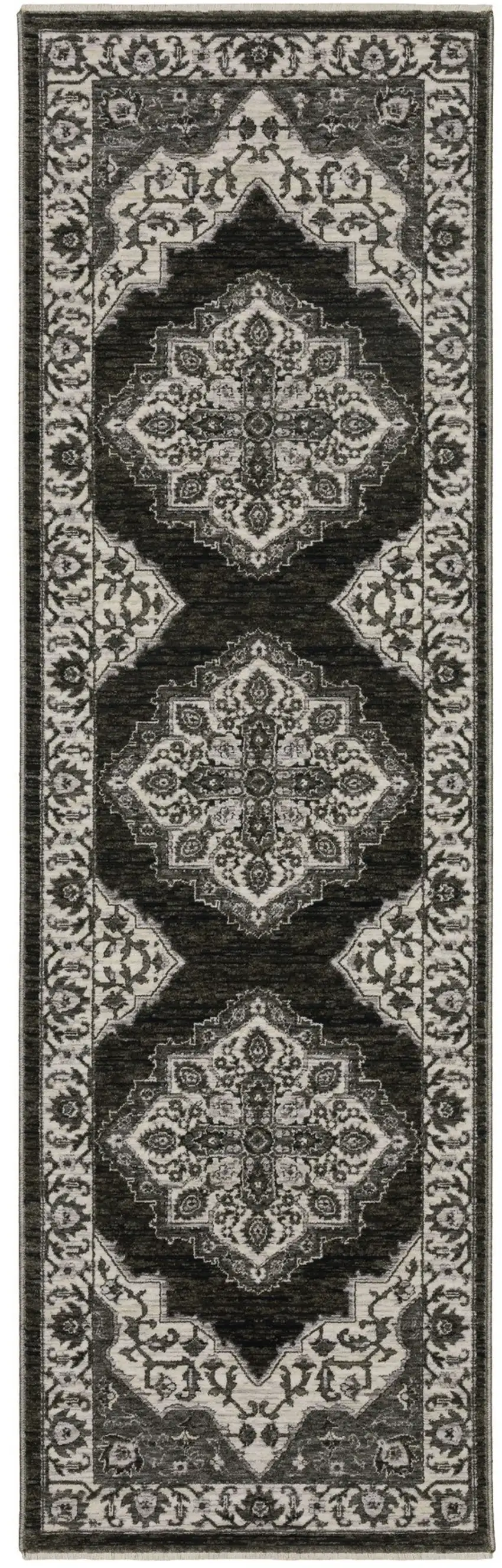 8' Charcoal And Ivory Medallion Runner Rug With Fringe Photo 2