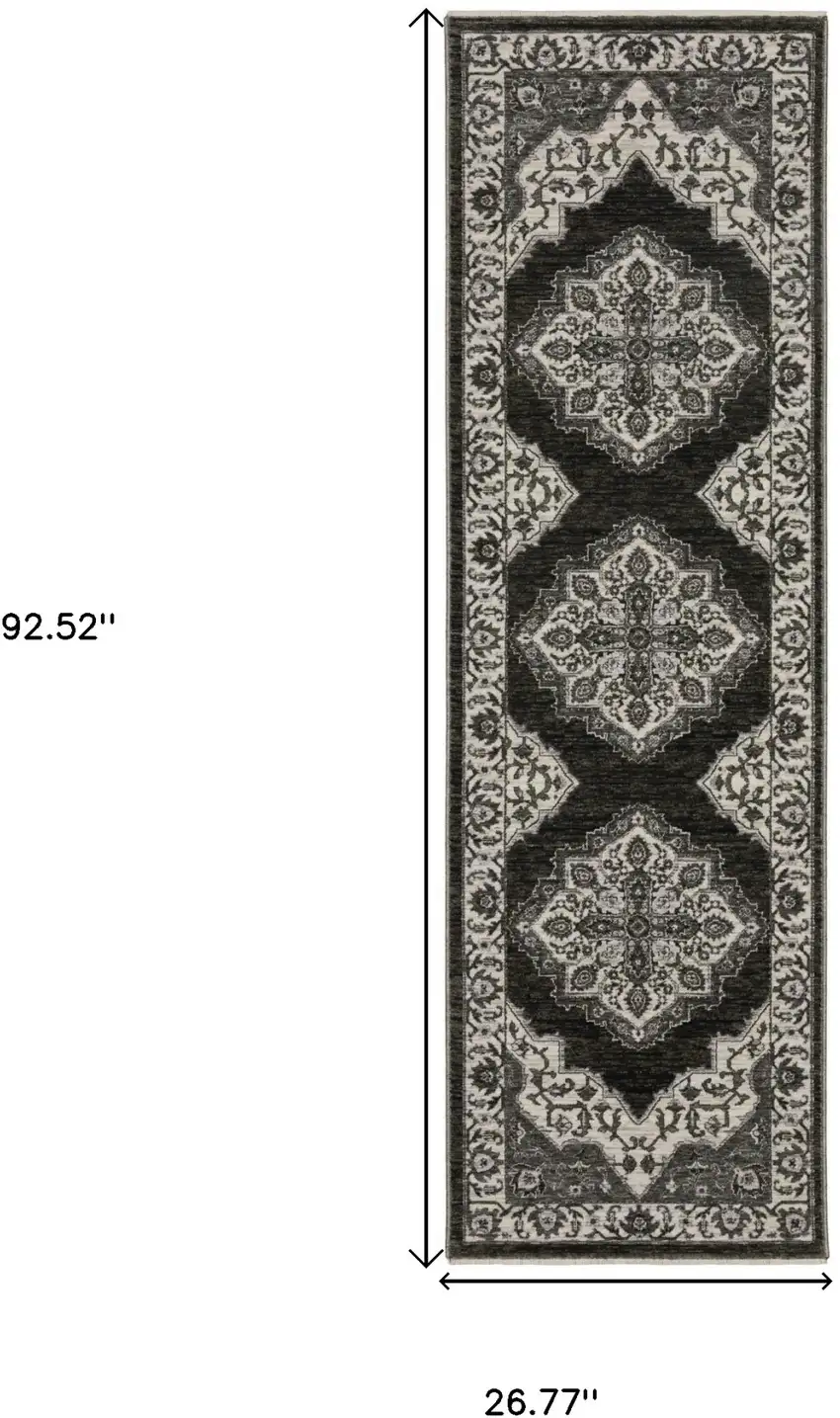 8' Charcoal And Ivory Medallion Runner Rug With Fringe Photo 3