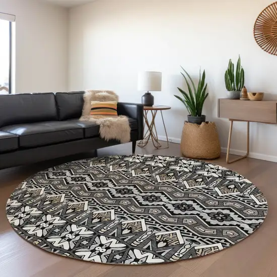 8' Charcoal And Ivory Moroccan Washable Round Rug With UV Protection Photo 5
