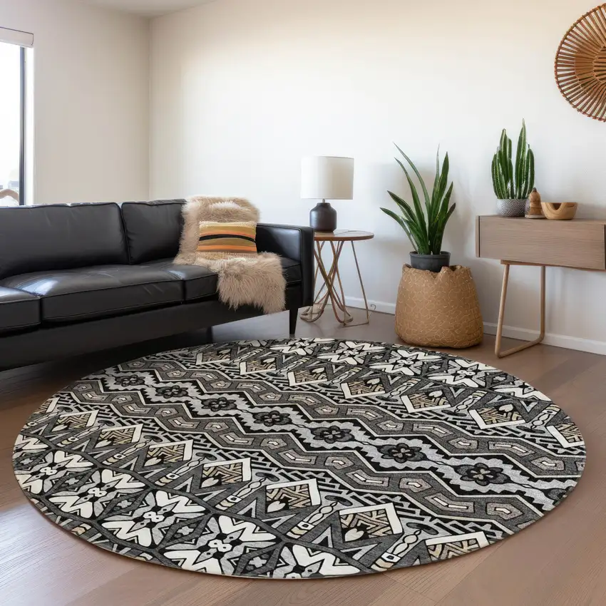 8' Charcoal And Ivory Moroccan Washable Round Rug With UV Protection Photo 5