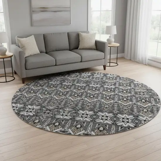 8' Charcoal And Ivory Moroccan Washable Round Rug With UV Protection Photo 2