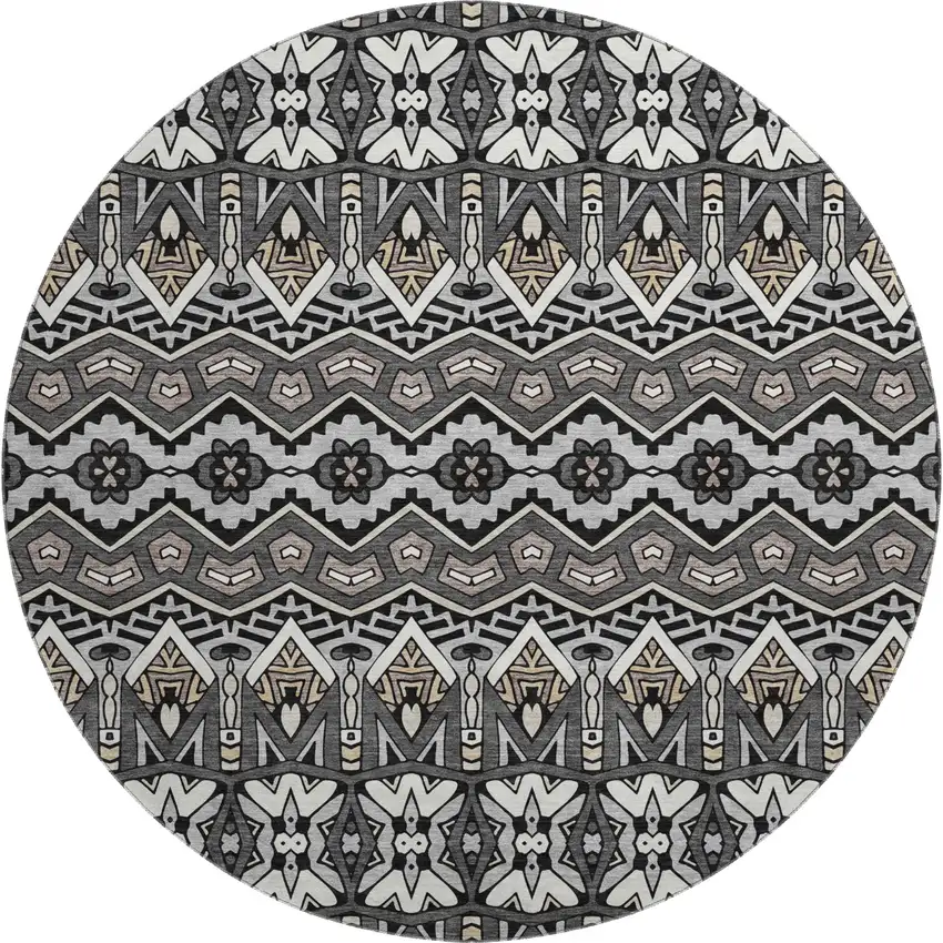 8' Charcoal And Ivory Moroccan Washable Round Rug With UV Protection Photo 1