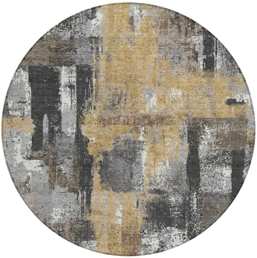 8' Charcoal And Ivory Round Abstract Washable Indoor Outdoor Area Rug Photo 2