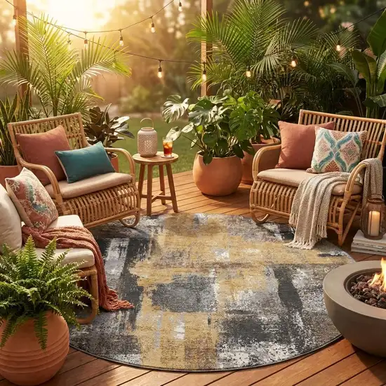8' Charcoal And Ivory Round Abstract Washable Indoor Outdoor Area Rug Photo 1