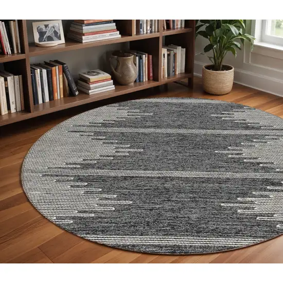 8' Charcoal And Ivory Round Abstract Washable Indoor Outdoor Area Rug Photo 5