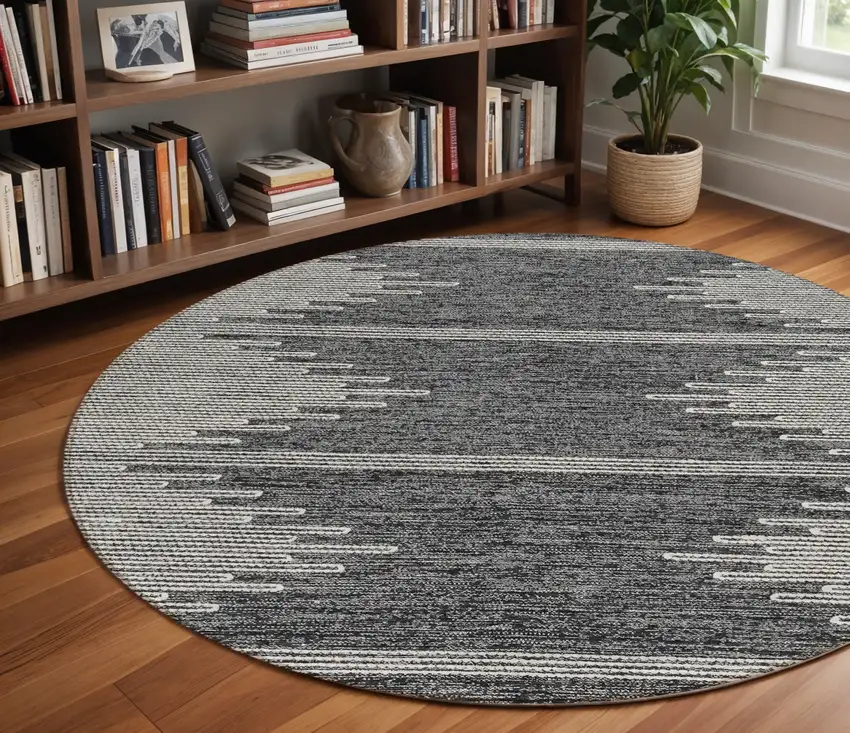 8' Charcoal And Ivory Round Abstract Washable Indoor Outdoor Area Rug Photo 5