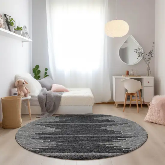 8' Charcoal And Ivory Round Abstract Washable Indoor Outdoor Area Rug Photo 9