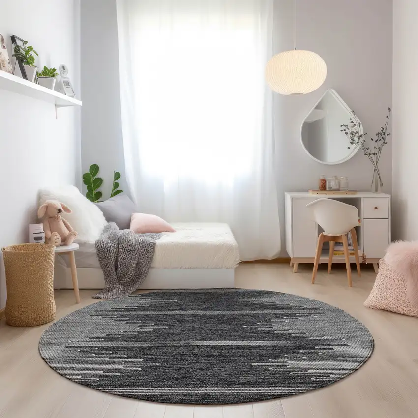 8' Charcoal And Ivory Round Abstract Washable Indoor Outdoor Area Rug Photo 9