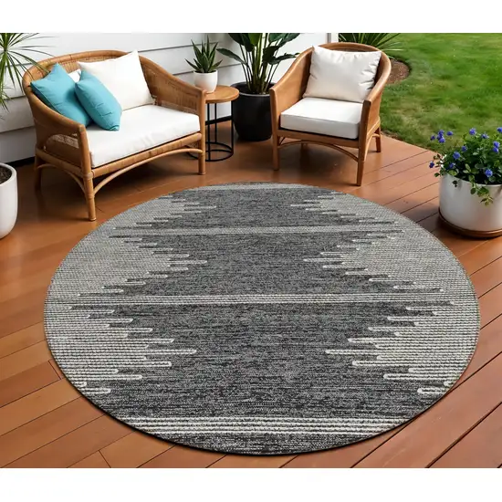 8' Charcoal And Ivory Round Abstract Washable Indoor Outdoor Area Rug Photo 1