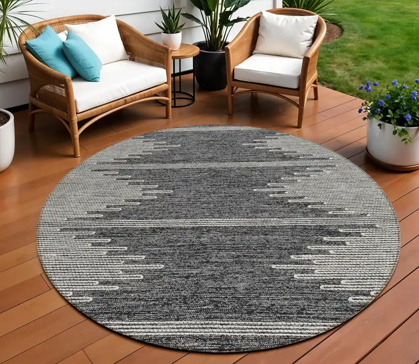 8' Charcoal And Ivory Round Abstract Washable Indoor Outdoor Area Rug Photo 1