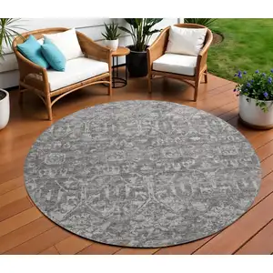 Photo of 8' Charcoal And Ivory Round Damask Washable Indoor Outdoor Area Rug