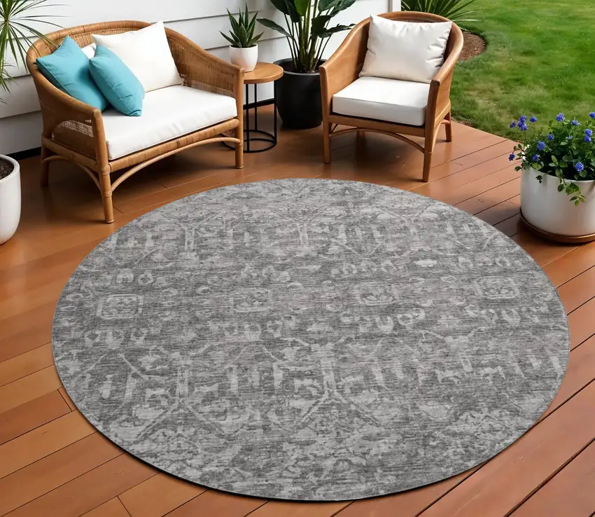 8' Charcoal And Ivory Round Damask Washable Indoor Outdoor Area Rug Photo 1