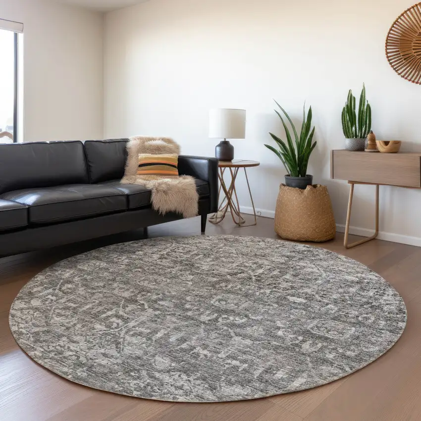 8' Charcoal And Ivory Round Damask Washable Indoor Outdoor Area Rug Photo 4
