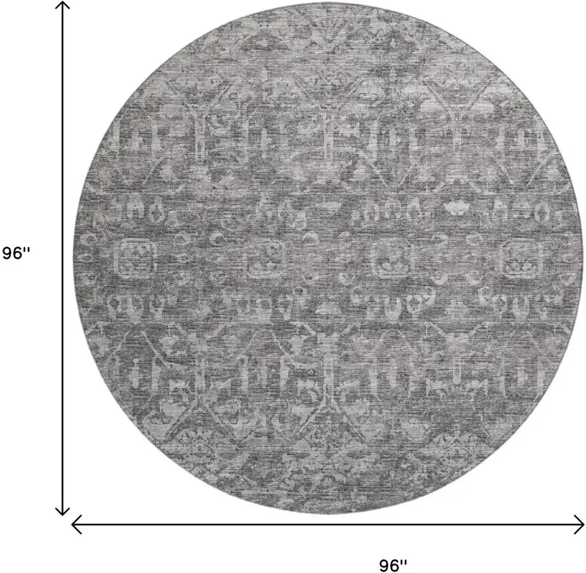 8' Charcoal And Ivory Round Damask Washable Indoor Outdoor Area Rug Photo 3