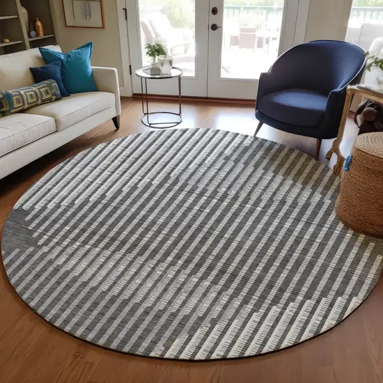 8' Charcoal And Ivory Round Geometric Washable Indoor Outdoor Area Rug Photo 8