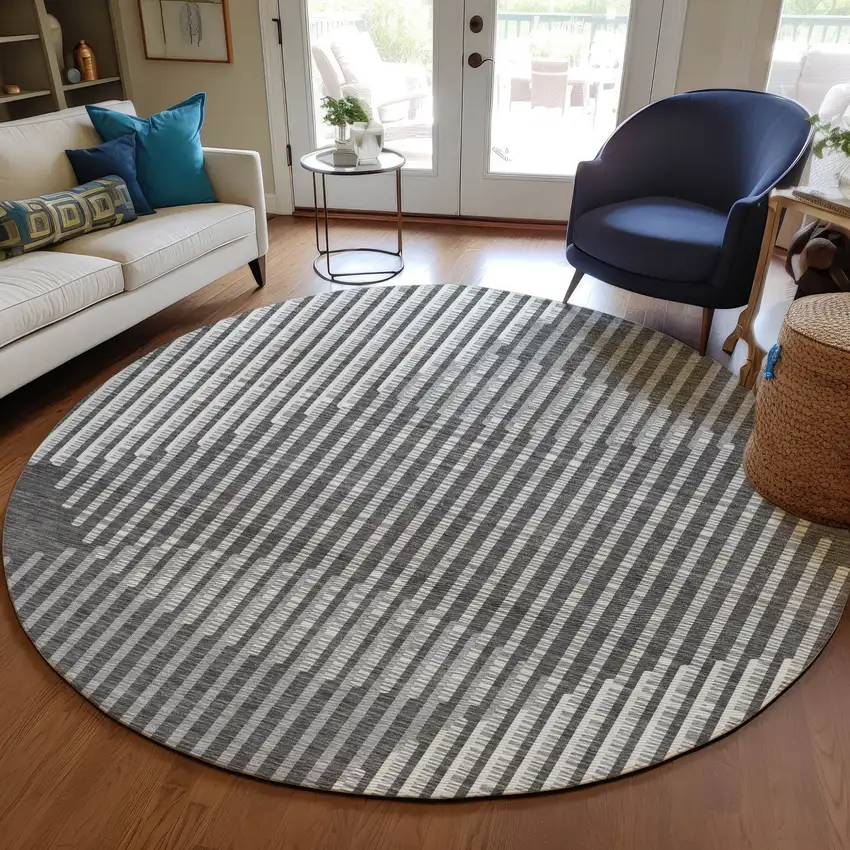 8' Charcoal And Ivory Round Geometric Washable Indoor Outdoor Area Rug Photo 8