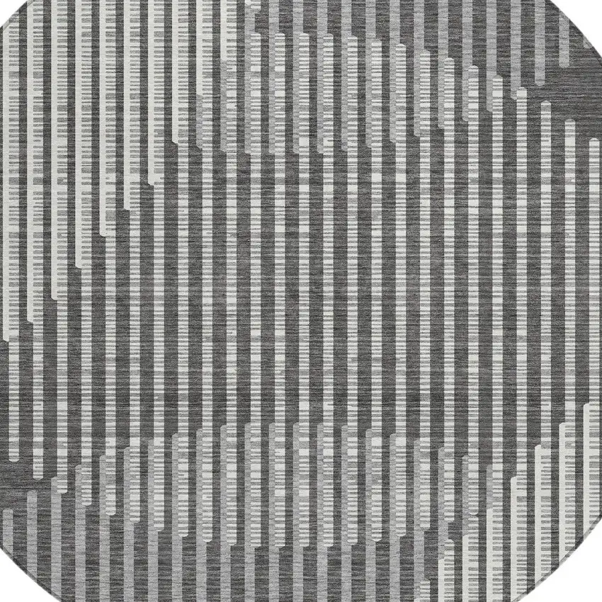 8' Charcoal And Ivory Round Geometric Washable Indoor Outdoor Area Rug Photo 6