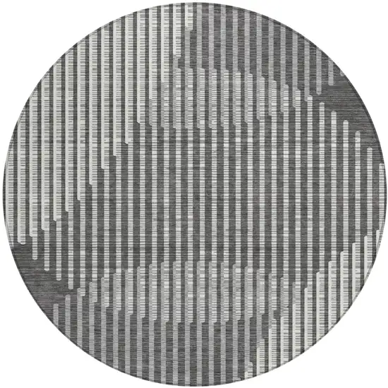 8' Charcoal And Ivory Round Geometric Washable Indoor Outdoor Area Rug Photo 2