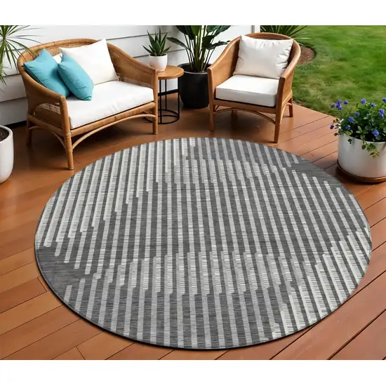 8' Charcoal And Ivory Round Geometric Washable Indoor Outdoor Area Rug Photo 1