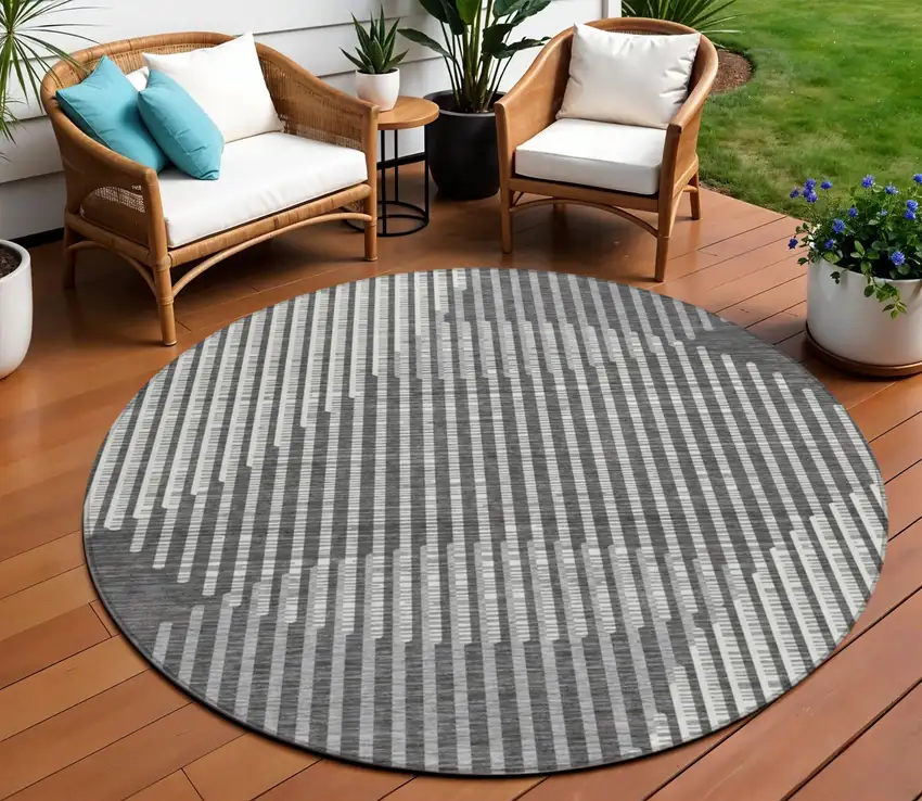 8' Charcoal And Ivory Round Geometric Washable Indoor Outdoor Area Rug Photo 1